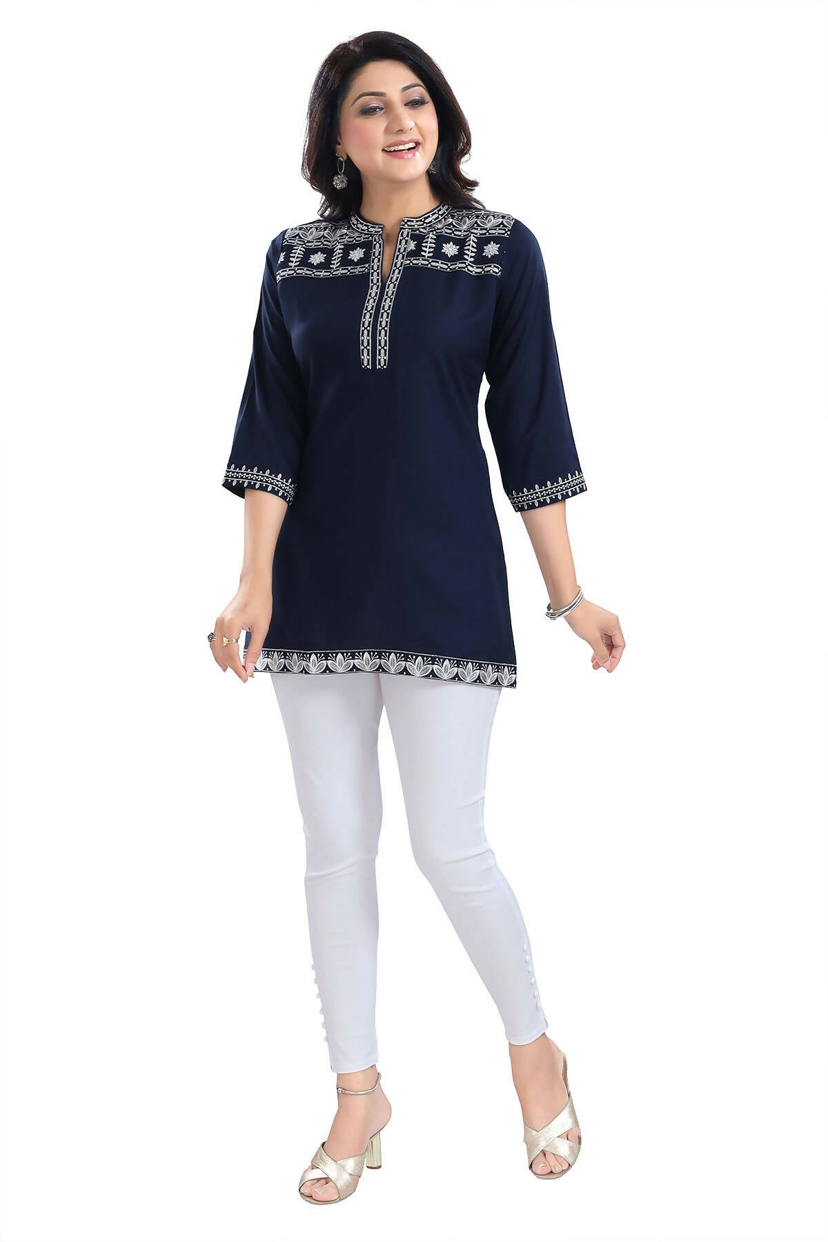 Snehal Creations Novel Navy Blue Women Embroidered Boho Chic Tunic Top - Distacart