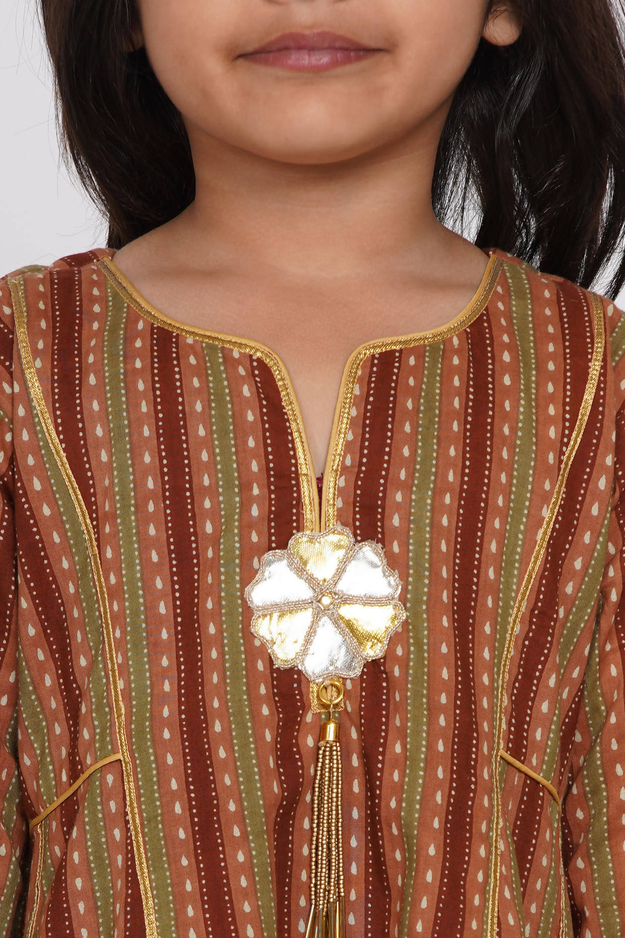 Little Bansi Cotton Kurta frock with Sharara & Dupatta - Brown & Cream - Distacart