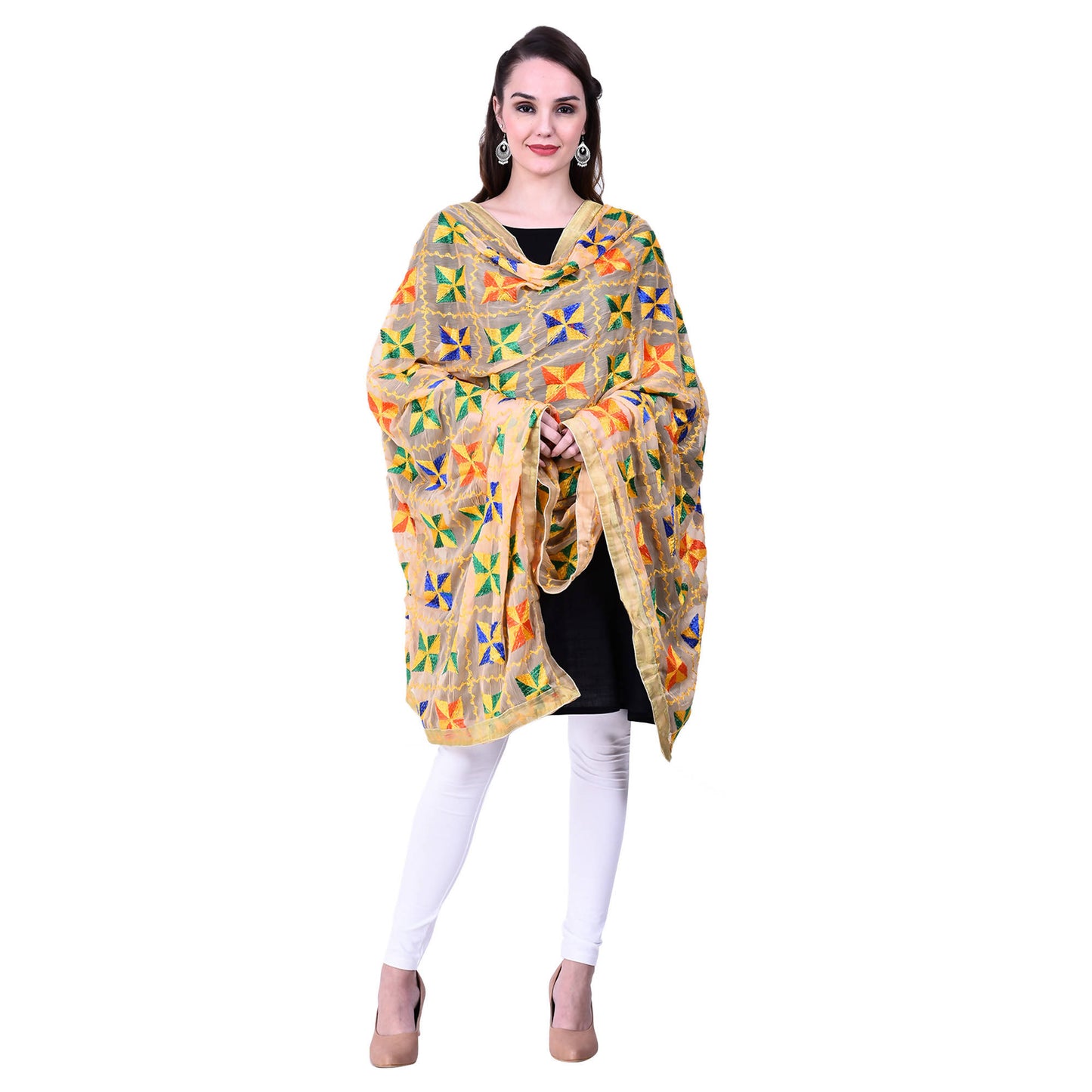 SWI Stylish Women's Embroidered Phulkari Chiffon Beige Dupatta