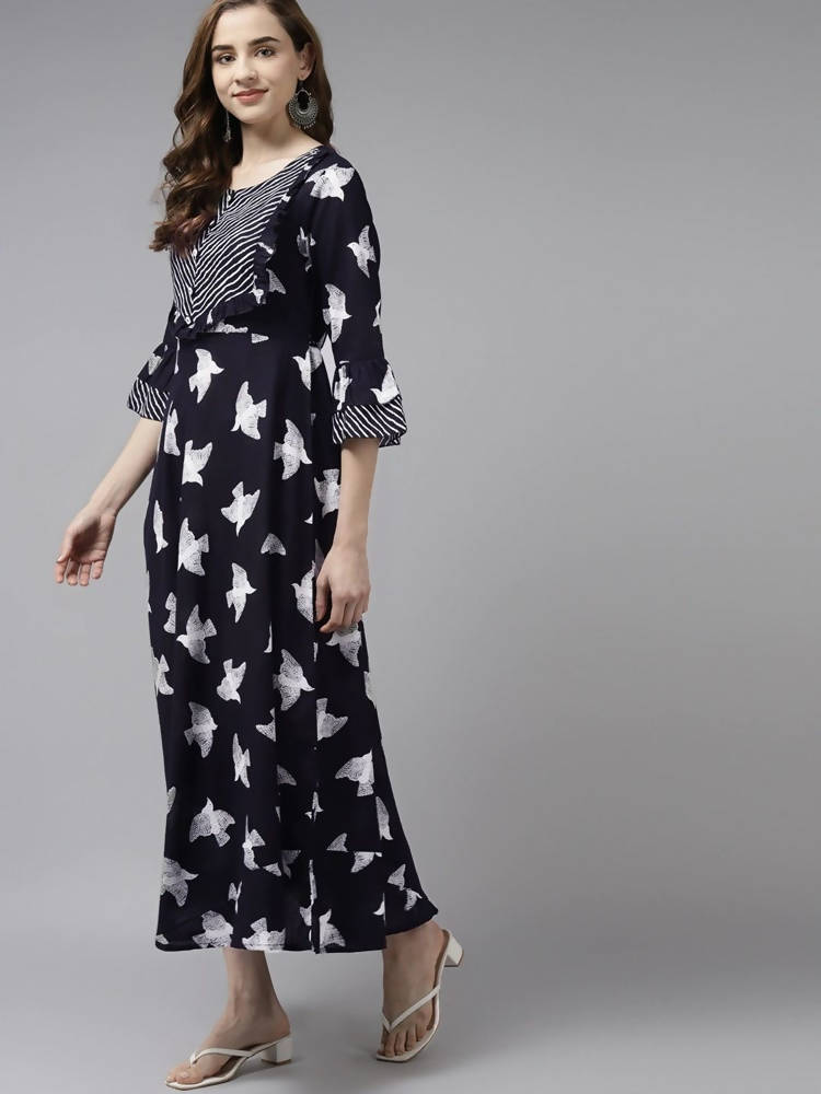 Yufta Black & White Pure Cotton Bird Print Maxi Flared Dress