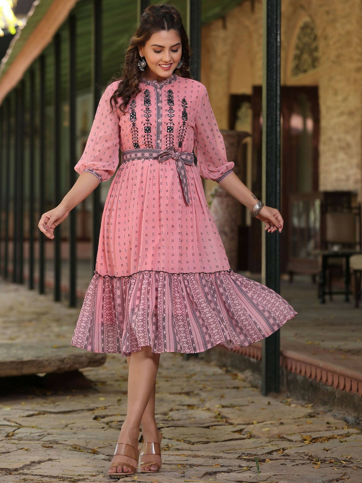 Juniper Women's Pink Georgette Printed Flared Dress - Distacart