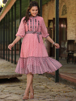 Thumbnail for Juniper Women's Pink Georgette Printed Flared Dress - Distacart