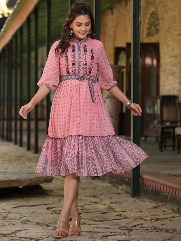 Juniper Women's Pink Georgette Printed Flared Dress - Distacart