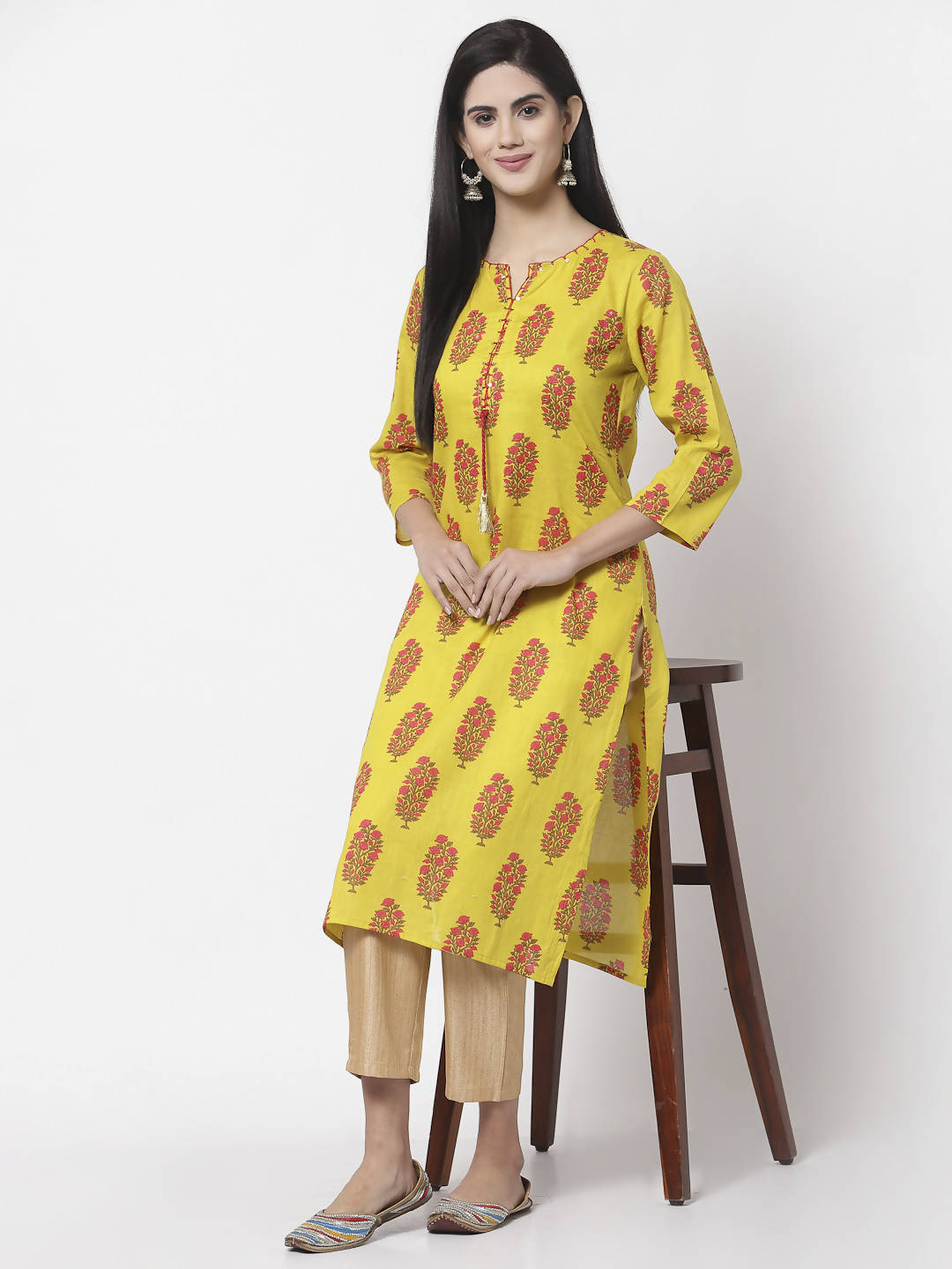 Myshka Women Yellow Pure Cotton Printed 3/4 Sleeve Round Neck Kurta