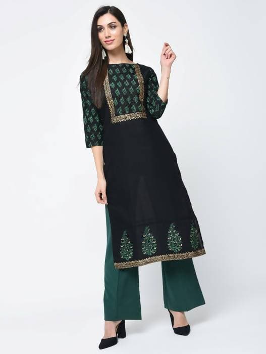 Aniyah Cotton Block Printed Black Straight Kurta (AN-131K)