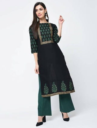 Aniyah Cotton Block Printed Black Straight Kurta (AN-131K)
