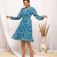 Thumbnail for FIORRA Women's Navy Blue Georgette Floral Printed Western Dress - Distacart