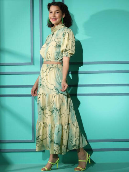 Green Rayon Tie dye Printed Top with Matching Skirt - Shivani - Distacart