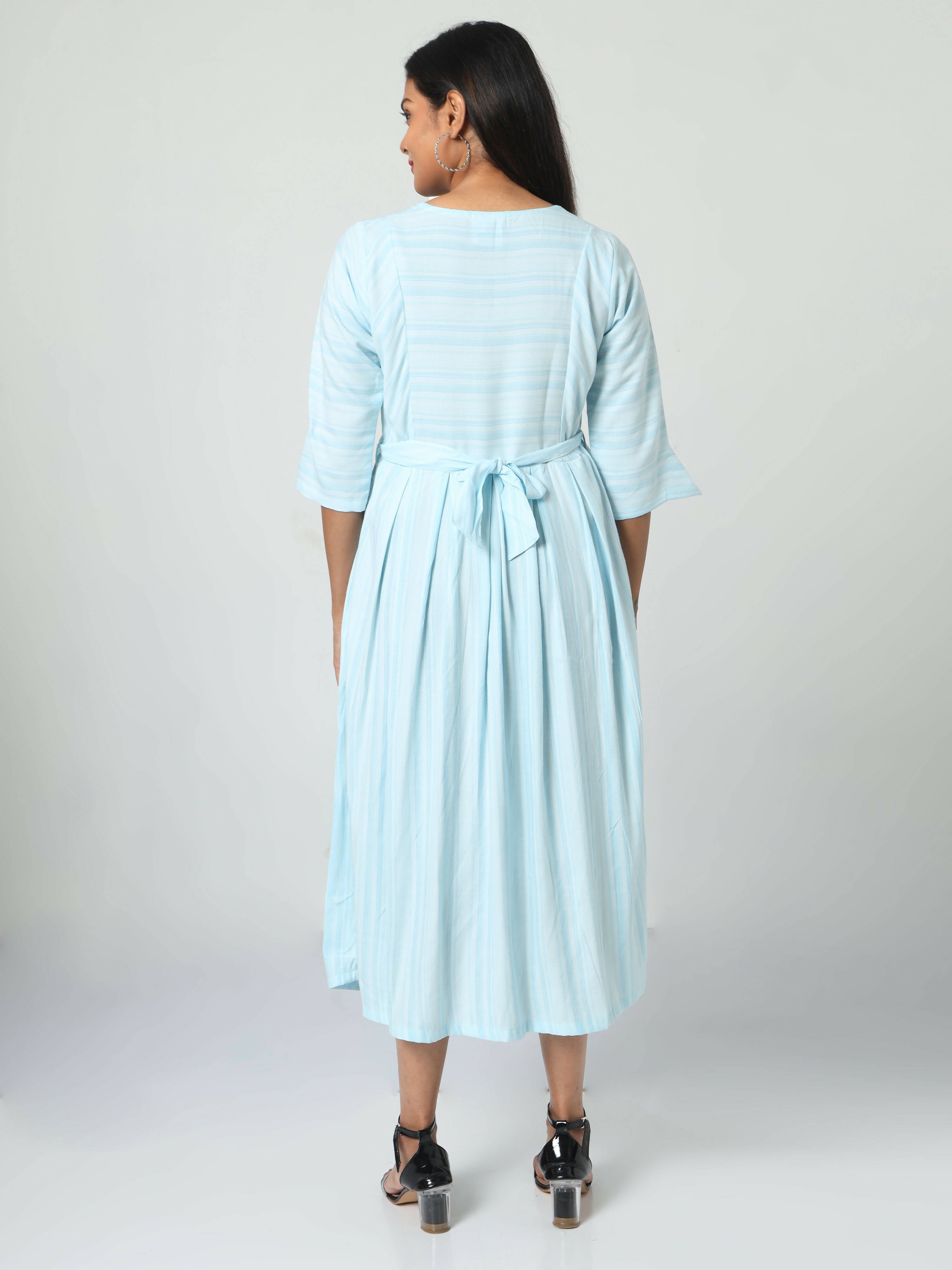 Manet Three Fourth Maternity Dress Striped With Concealed Zipper Nursing Access - Light Blue - Distacart