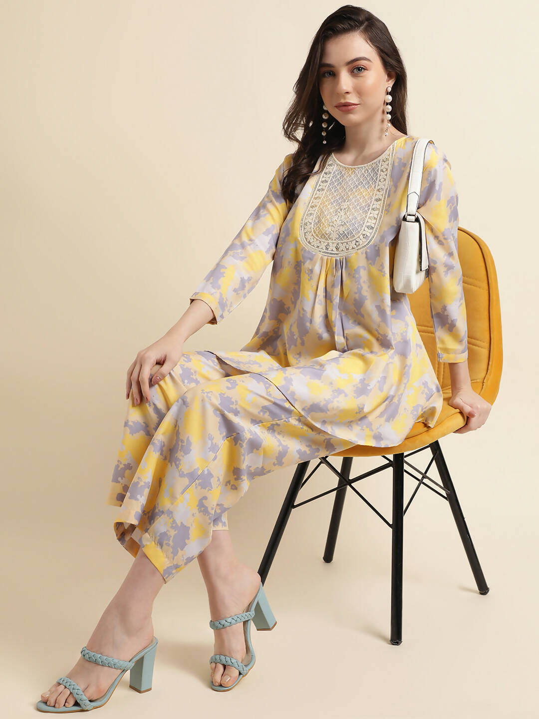 Yellow & Grey Poly Crepe Digital Printed Top with Matching Bottom - Preeti - Distacart