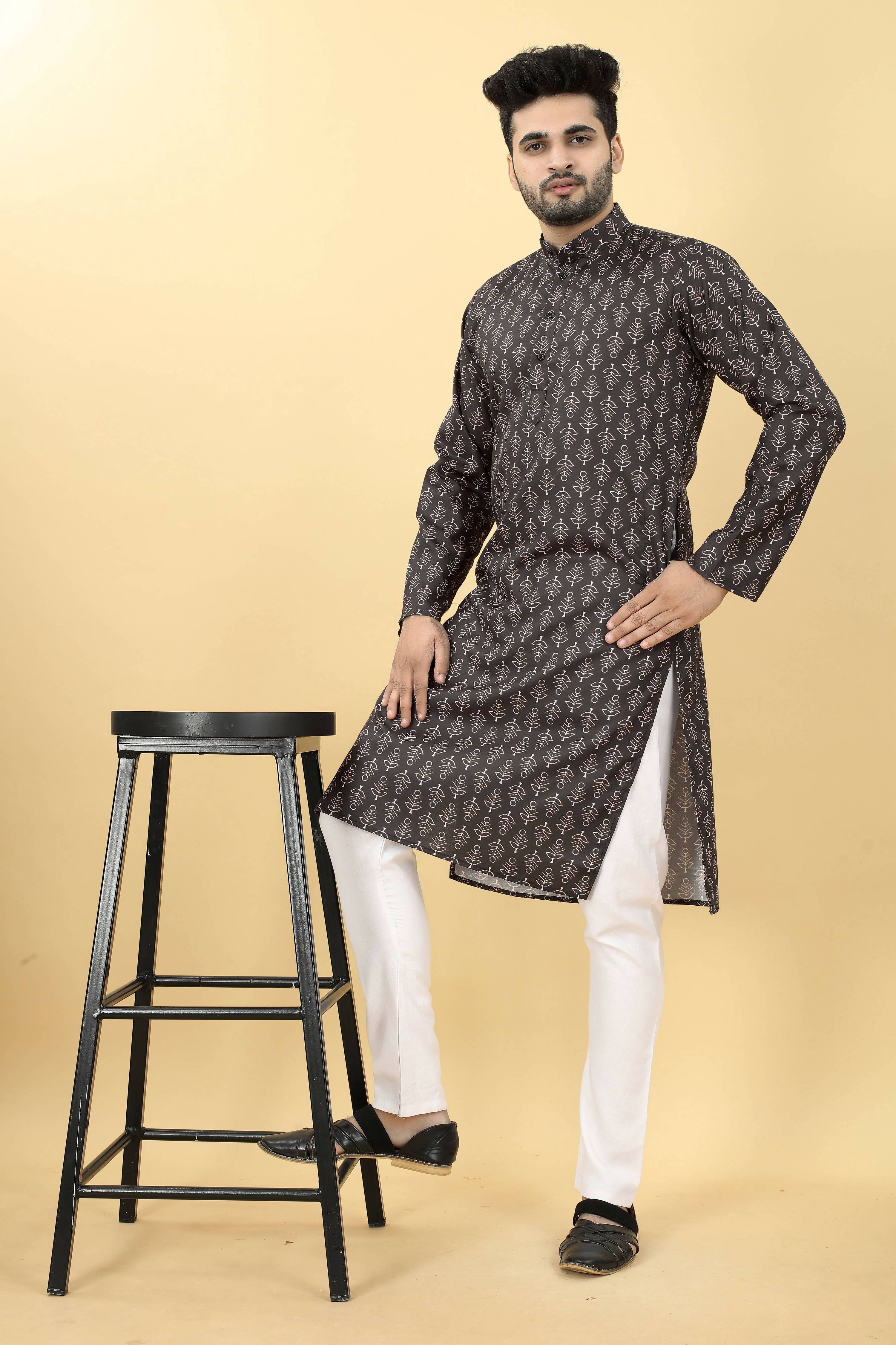 Black Cotton Printed Men's Kurta - Mahotsav - Distacart