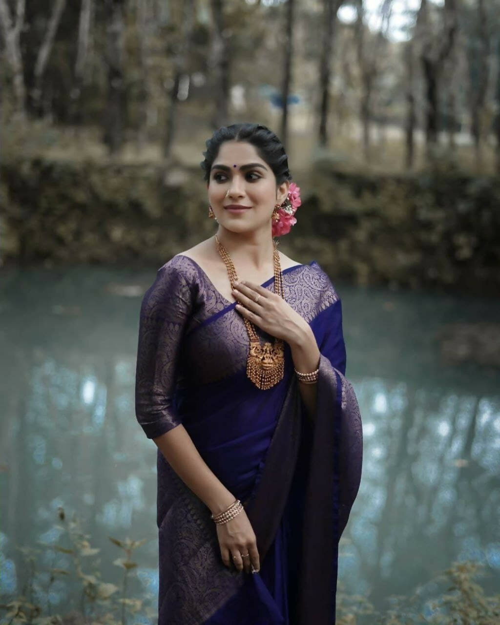 DEIANA'S Beautiful Golden Jari with New Design Soft Lichi Silk Saree - Navy Blue - Distacart