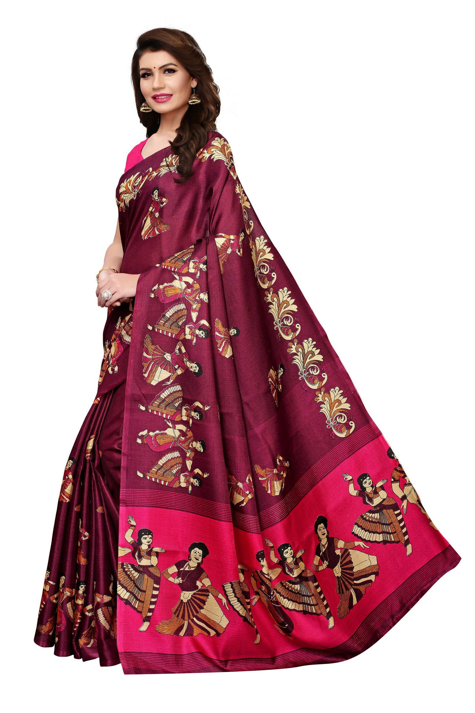 Vamika Wine Red & Pink Kalamkari With Jhalar Khadi Silk Saree - Distacart
