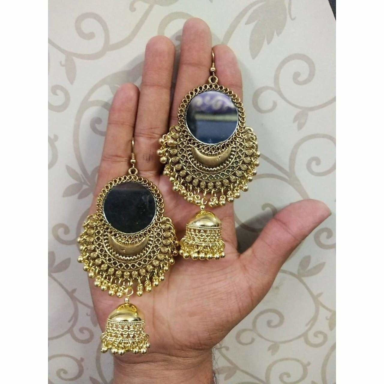 Beautiful Gold Oxidized Mirror Jhumka Traditional Pearls Bridal Earrings