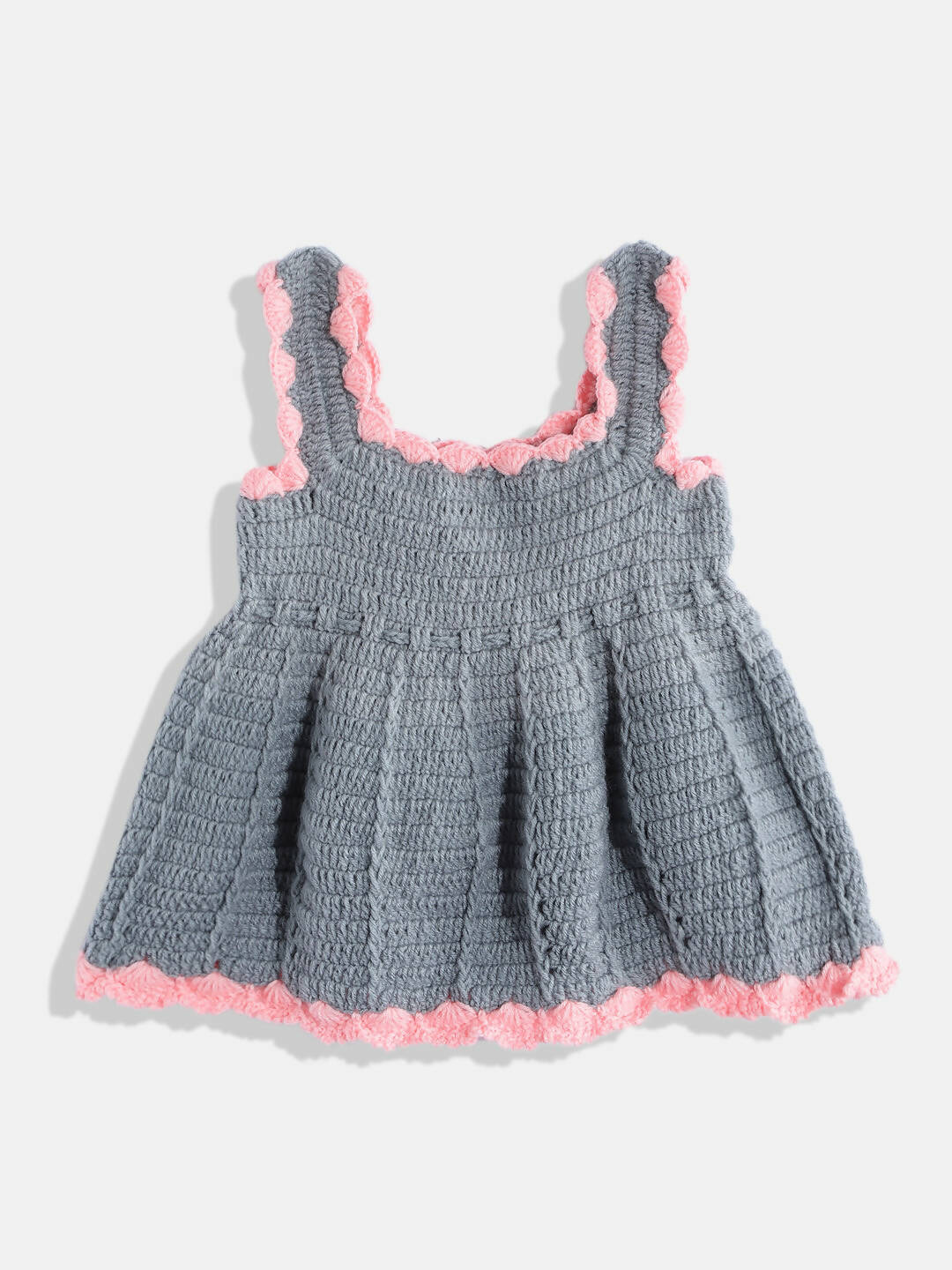 Chutput Kids Woollen Hand Knitted Sleeveless Bow Detail Dress - Grey - Distacart