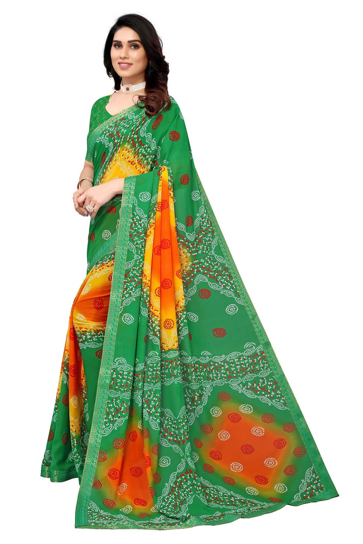 Vamika Beautiful Ethnic Fire Green Printed With Lace Saree - Distacart