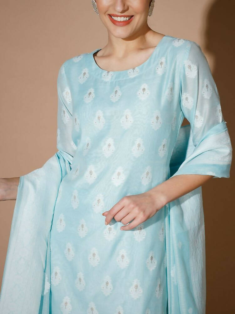 Myshka Women Blue Printed Kurta & Palazzos With Dupatta - Distacart