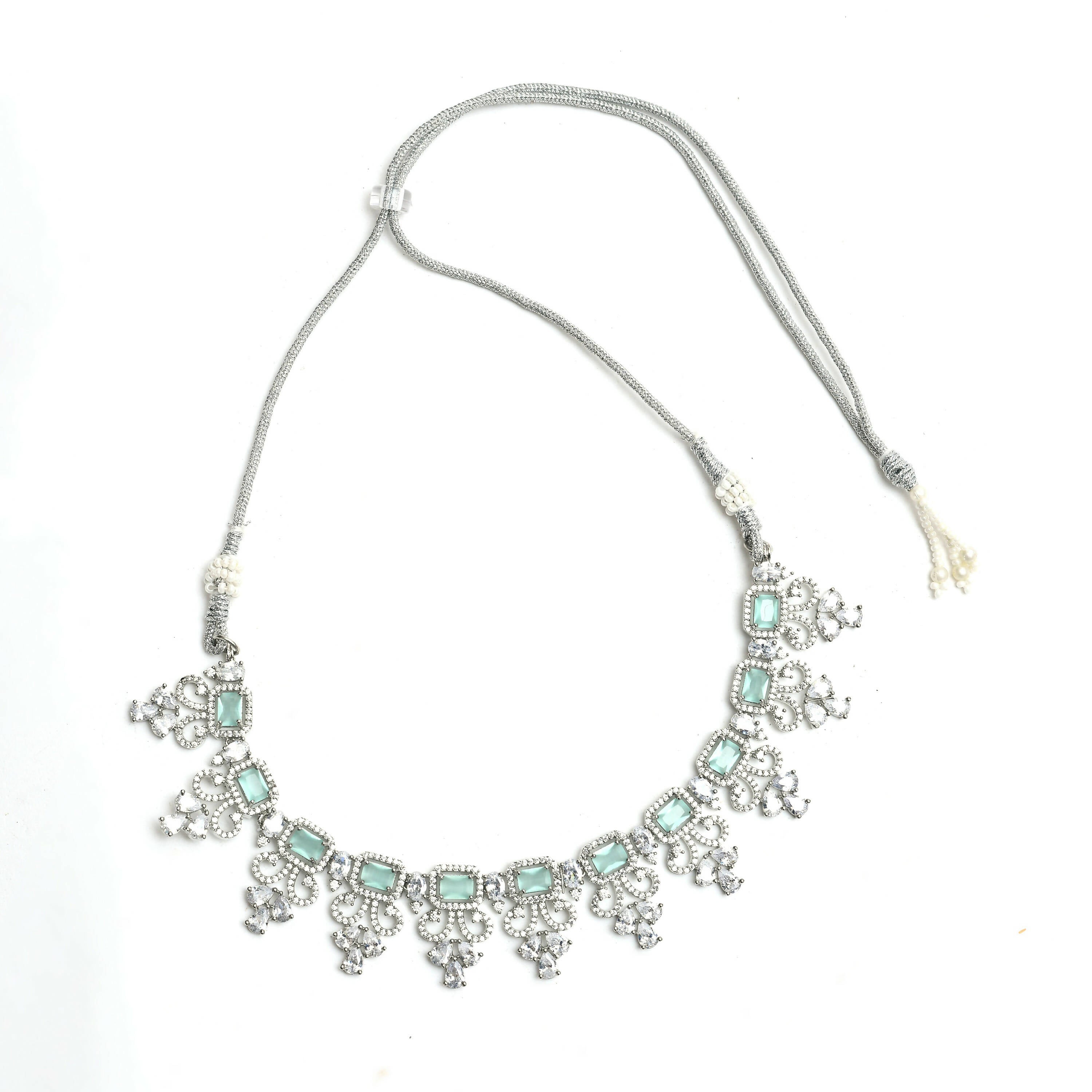 Mominos Fashion Johar Kamal Silver-Plated American Diamond Pista Green Choker Set - Distacart