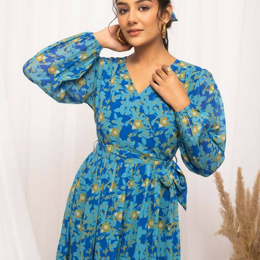 FIORRA Women's Navy Blue Georgette Floral Printed Western Dress - Distacart