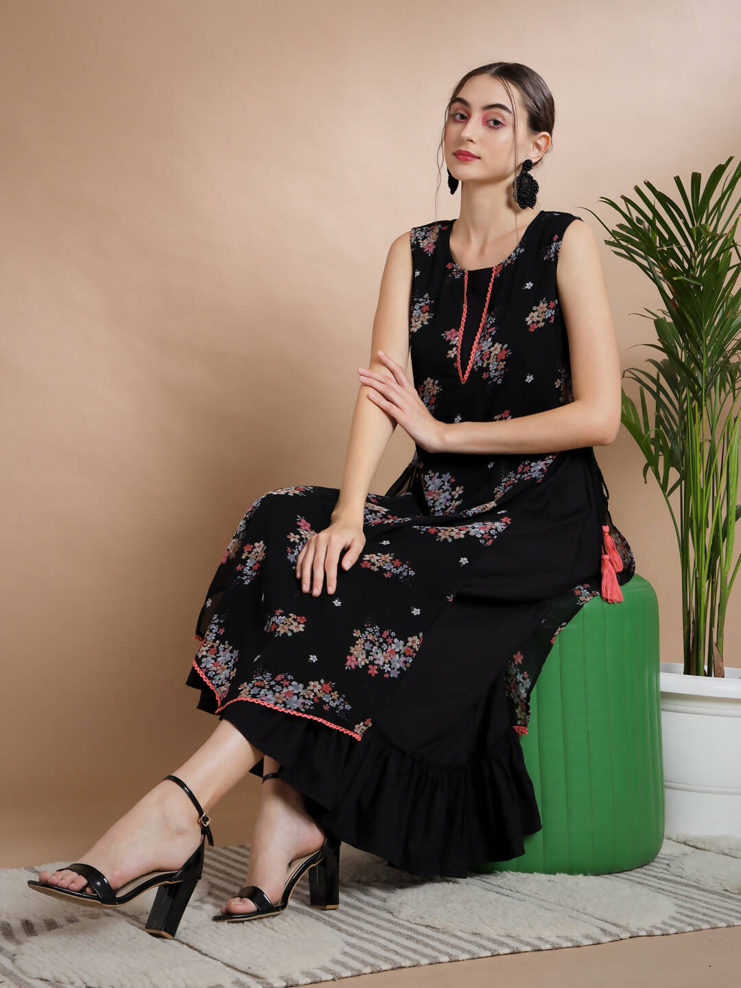 Myshka Women's Black Floral Printed Gown Dress - Distacart