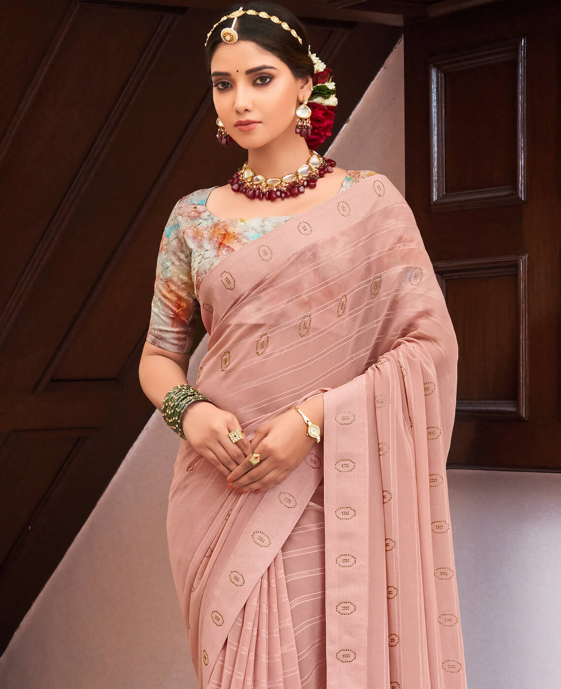 Peach Georgette Swaroski Work Saree With Unstitched Blouse Piece - Juhi - Distacart