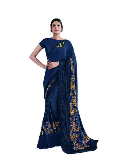 Blue Lycra sequence Saree with Unstitched Blouse Piece - Norita Elaura - Distacart