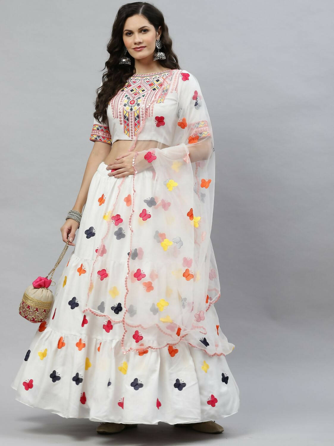 White Cotton Embroidered Work Lehenga Choli with Dupatta - Jivika - Distacart