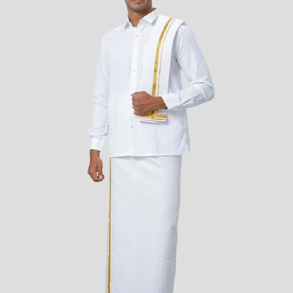 Ramraj Cotton Mens 3/4 Poly Cotton ( 3*1 ) Dhoti, Towel And Dhoti Belt Set - White - Distacart