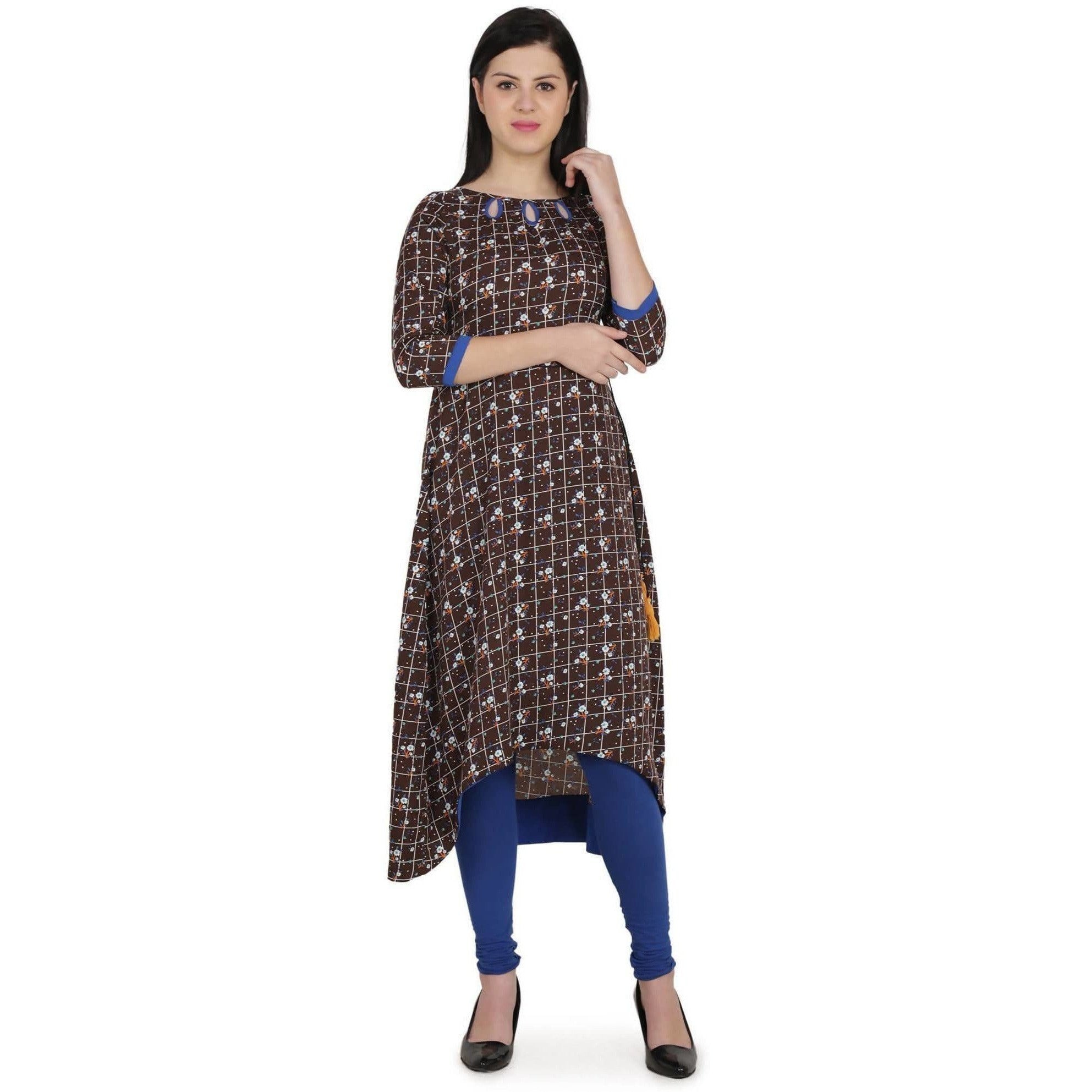 Kanoor Women's Brown High low Round neck kurti
