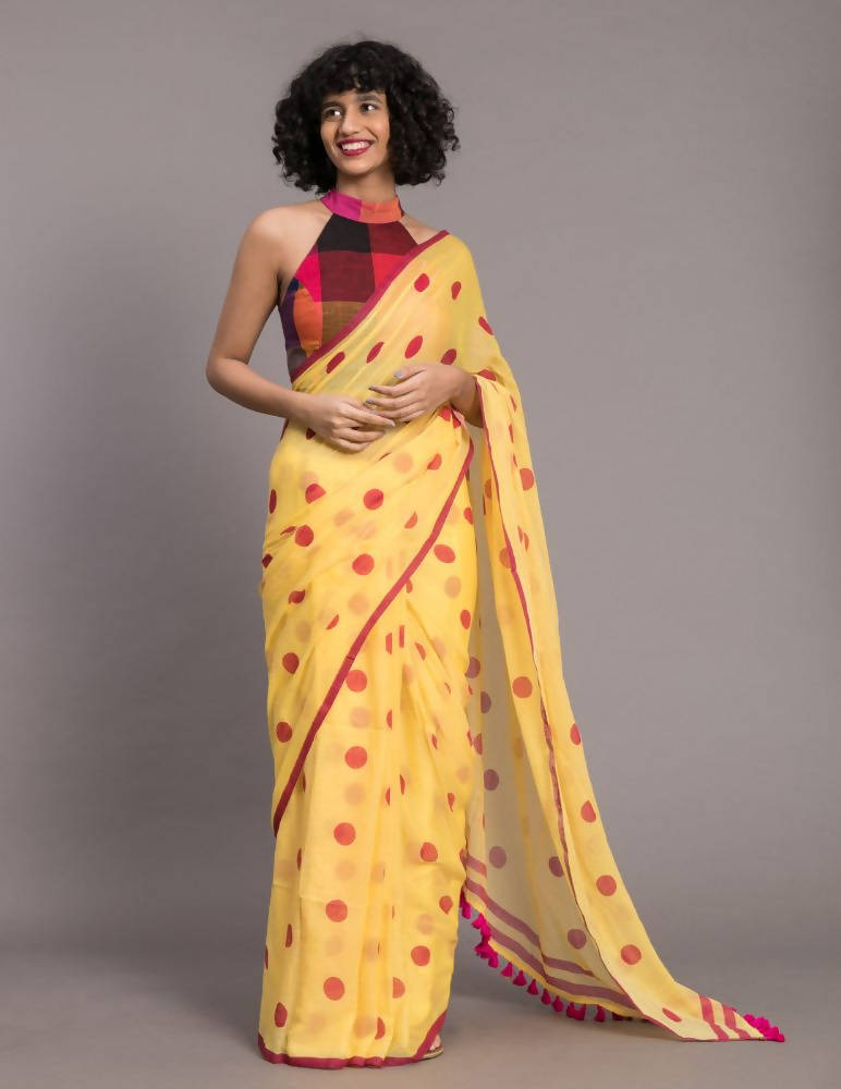 Suta Yellow Pink Polka Printed Pure Cotton Saree - Distacart