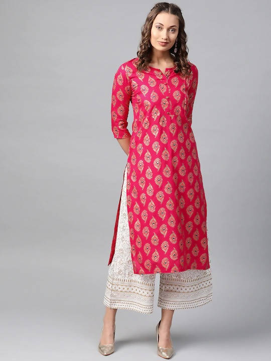 Anubhutee Pink & Golden Printed Straight Kurta - Distacart