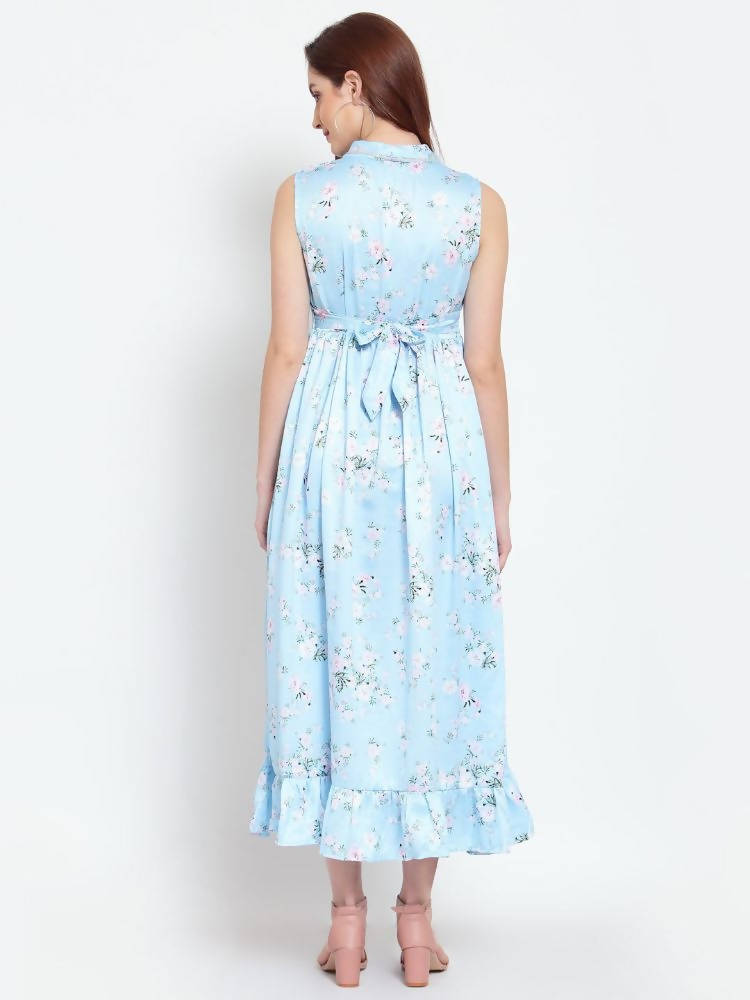 Myshka Women's Sky Blue Printed Cotton Blend Sleeveless Coller Casual Dress