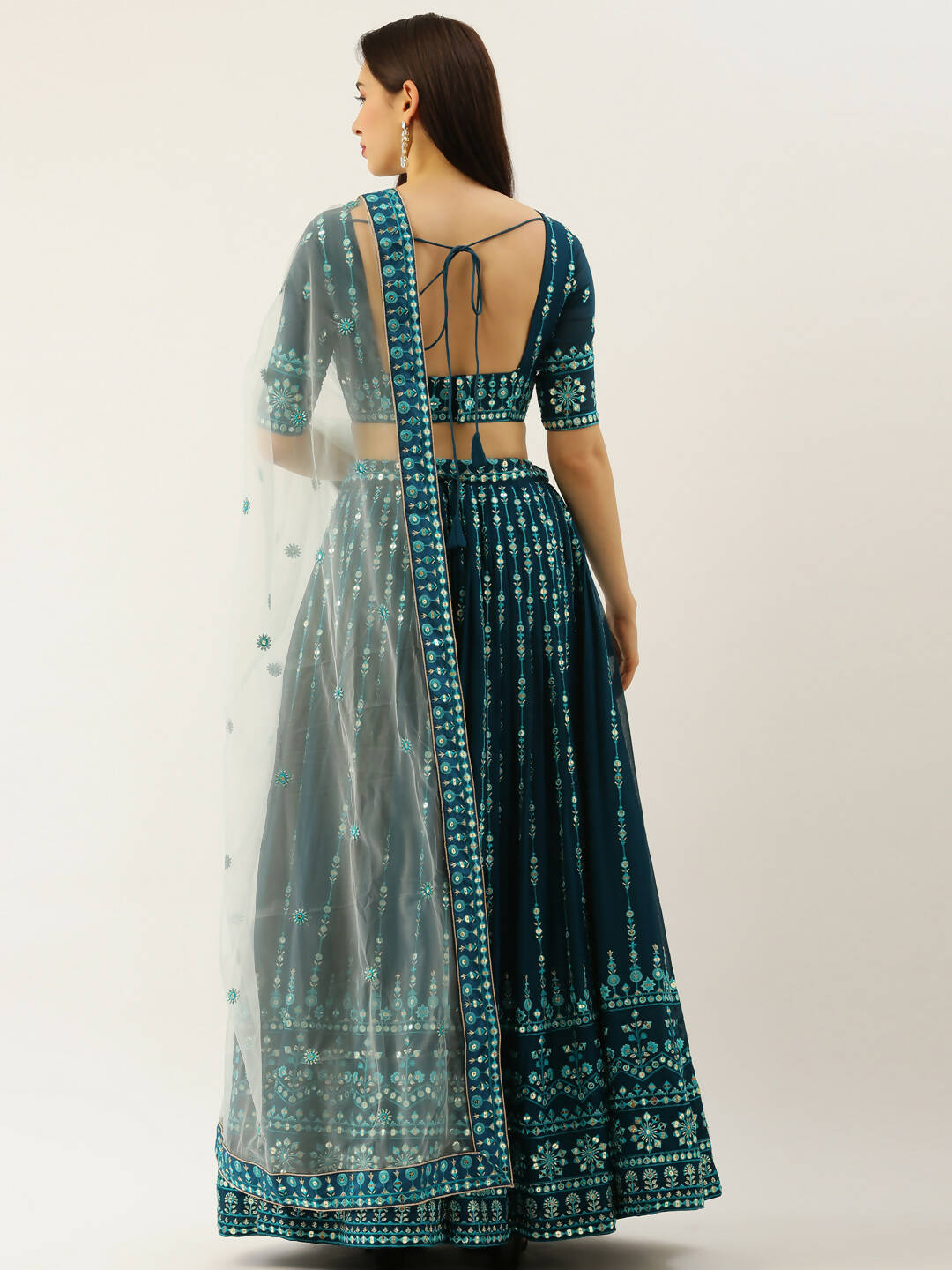 House of Panchhi Women Teal Georgette Sequins Work Lehenga & Blouse with Dupatta - Distacart