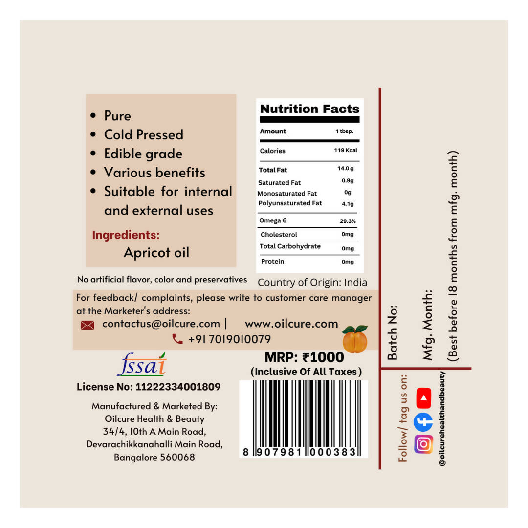Oilcure Apricot Oil Cold Pressed - Distacart