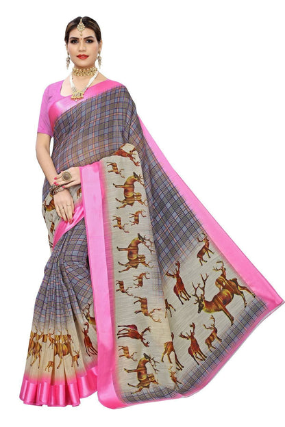 Vamika Pink Linen Digital Print with Satin Border Latest Saree