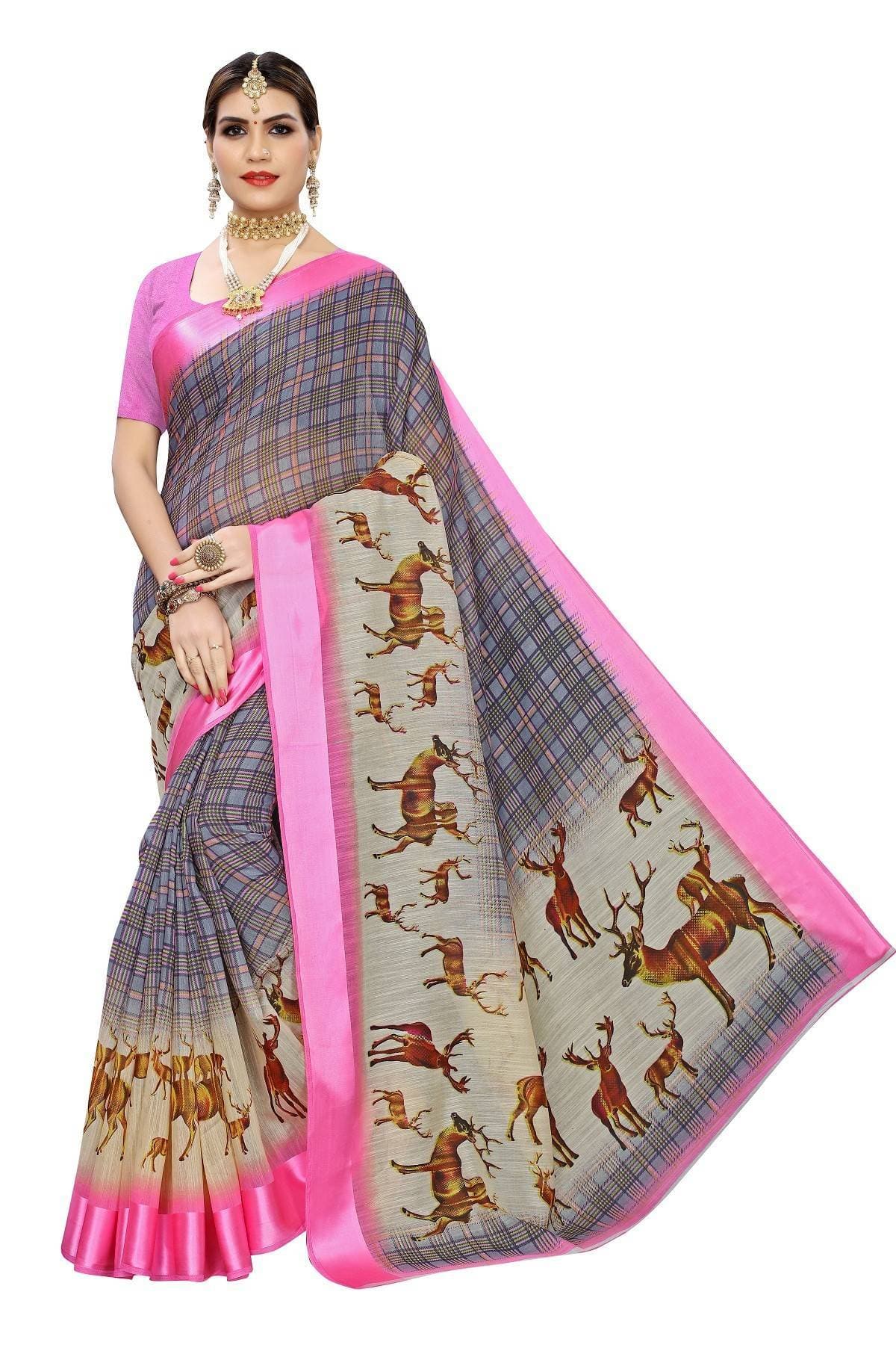 Vamika Pink Linen Digital Print with Satin Border Latest Saree