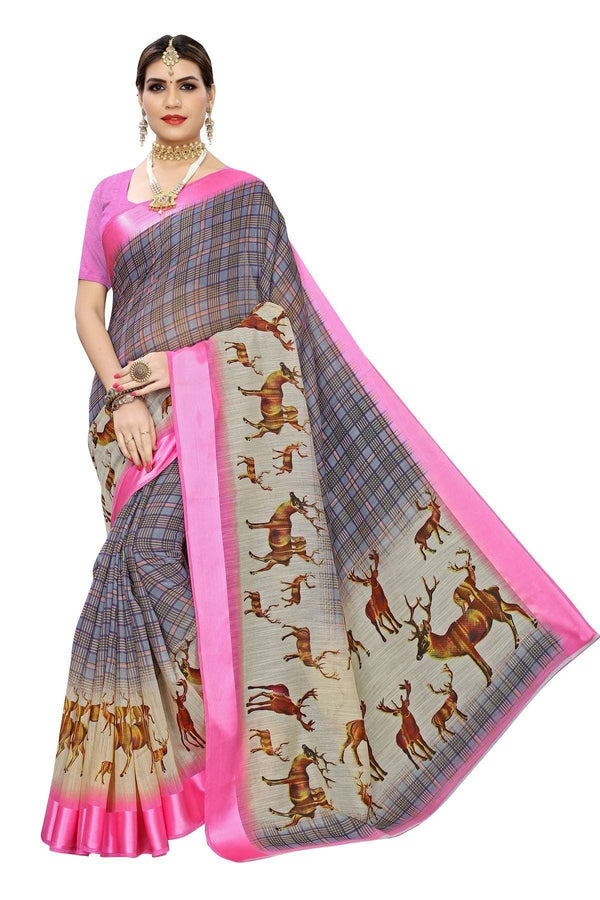 Vamika Pink Linen Digital Print with Satin Border Latest Saree