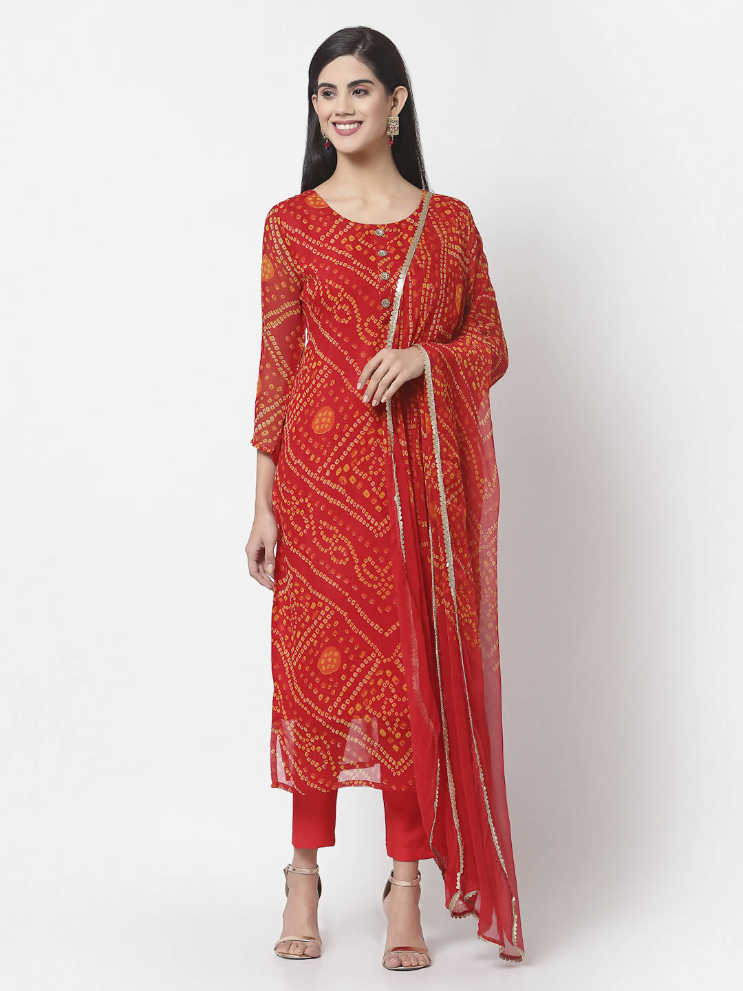 Myshka Women Red Georgette Printed 3/4 Sleeve Round Neck Kurta Pant Dupatta Set