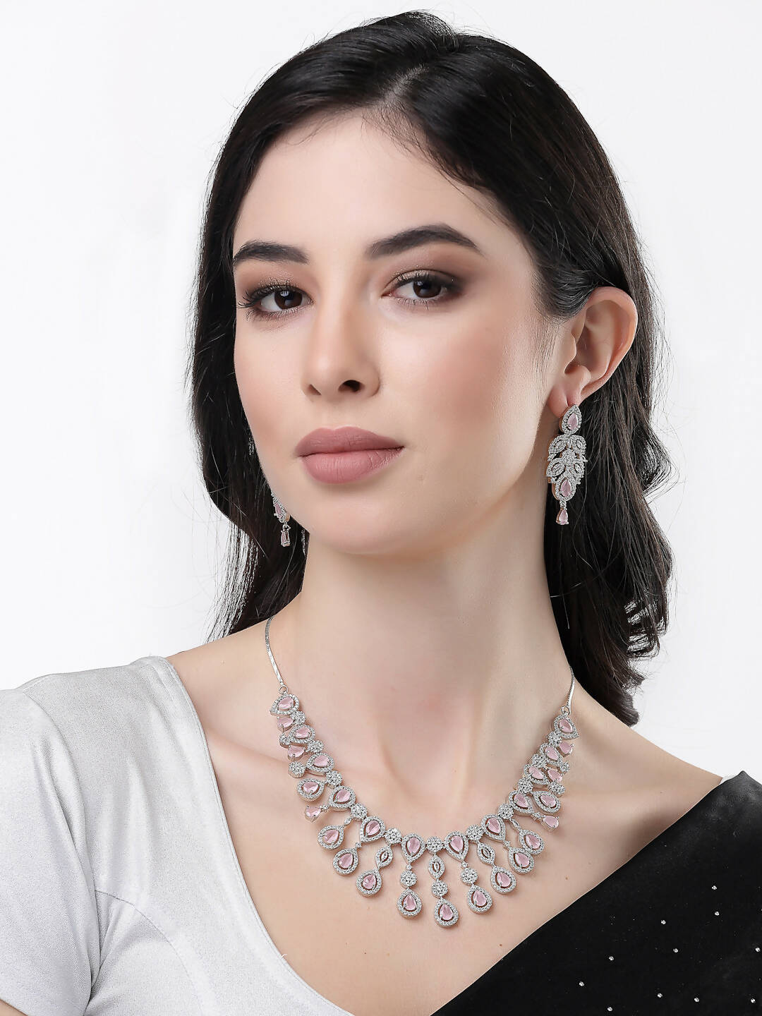 NVR Women Silver Plated & Pink Cz Stone Handcrafted Jewellery Set - Distacart