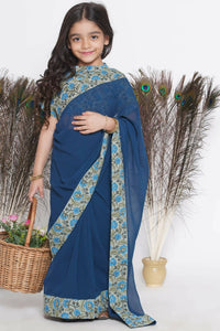 Thumbnail for Little Bansi Floral Print Ready To Wear Saree And Floral Blouse - Blue - Distacart
