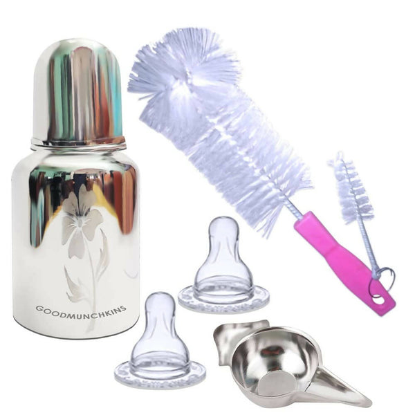 Goodmunchkins Stainless Steel Feeding Bottle with Bottle Cleaning Brush/Chakku/Anti Colic Silicone Nipple Combo-(220ml,Pink) - Distacart