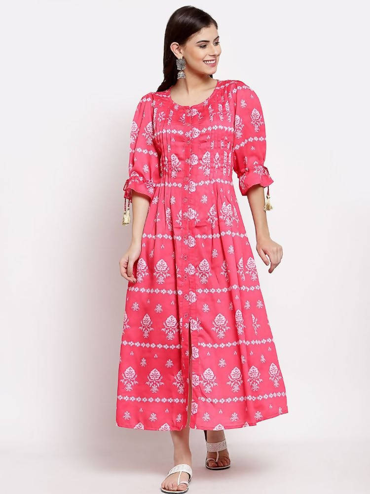 Myshka Women's Pink Cotton Printed 3/4 Sleeve Round Neck Casual Dress