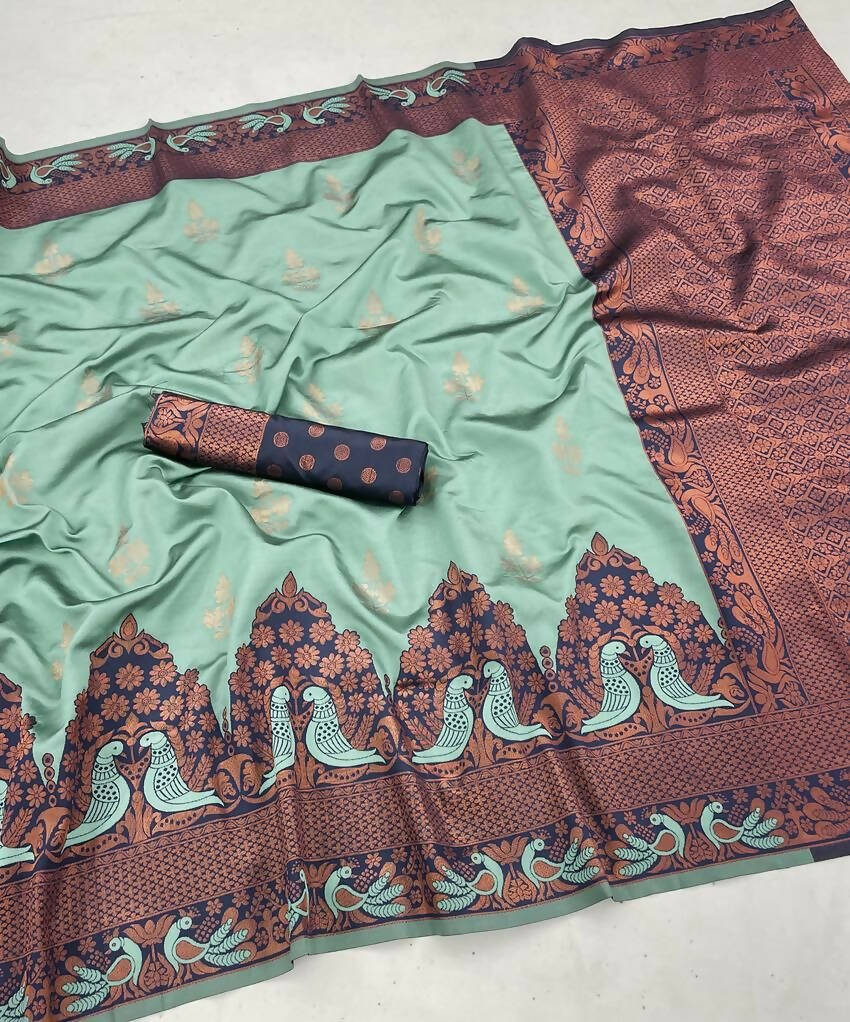 DEIANA'S Beautiful Golden Jari with New Design Soft Lichi Silk Saree - Sky - Distacart