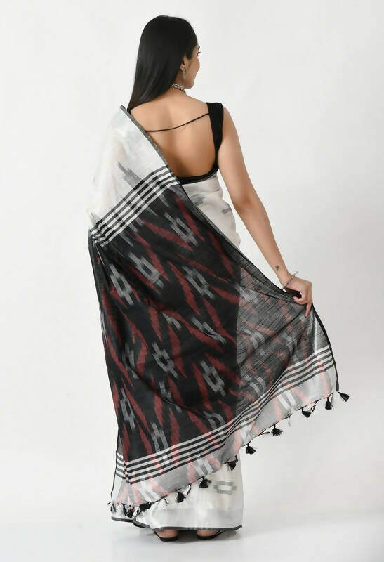 Mominos Fashion Moeza White & Black Bhagalpuri Handloom Ikat Pure Cotton Saree with unstitched Blouse piece - Distacart