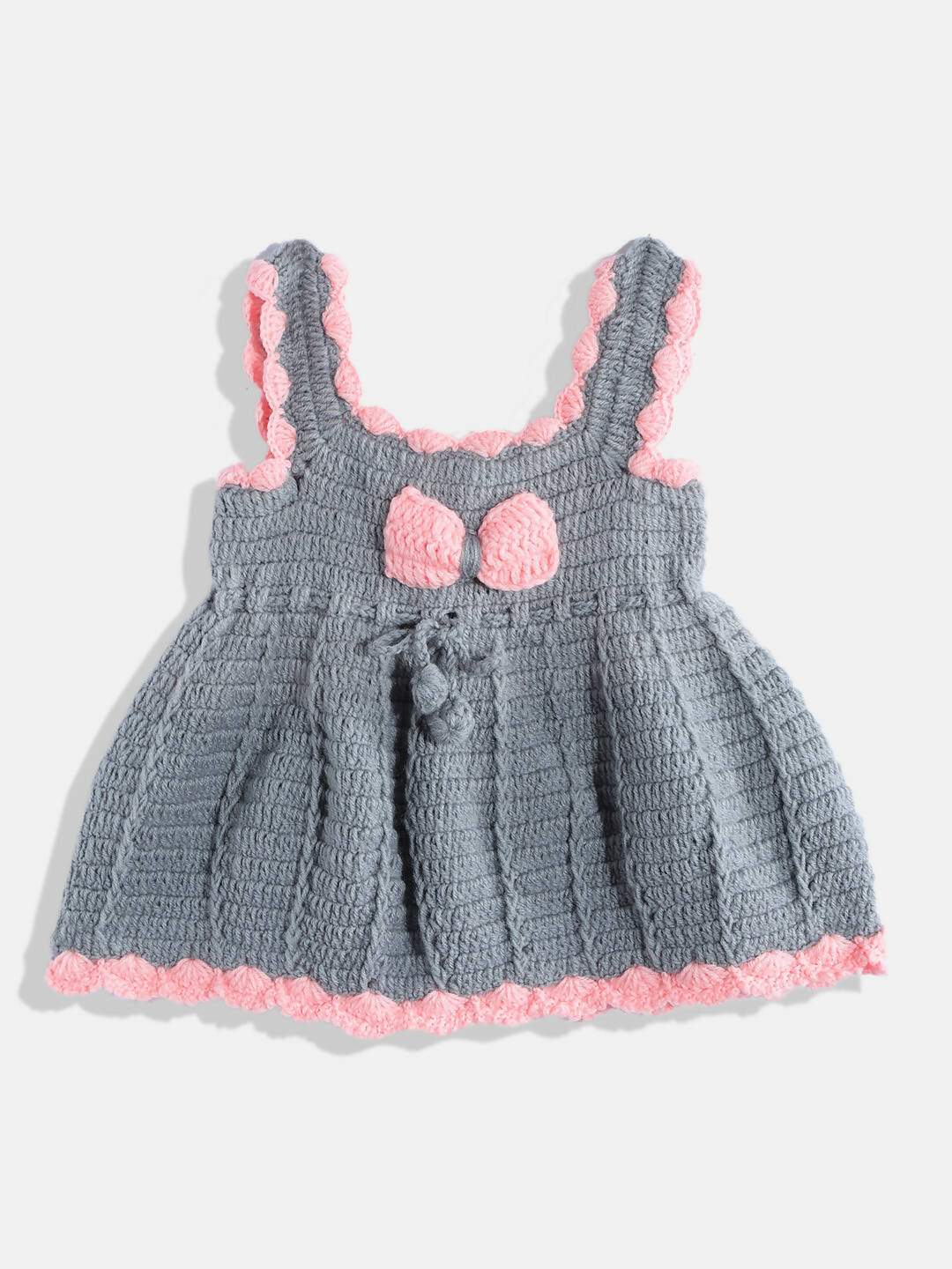 Chutput Kids Woollen Hand Knitted Sleeveless Bow Detail Dress - Grey - Distacart