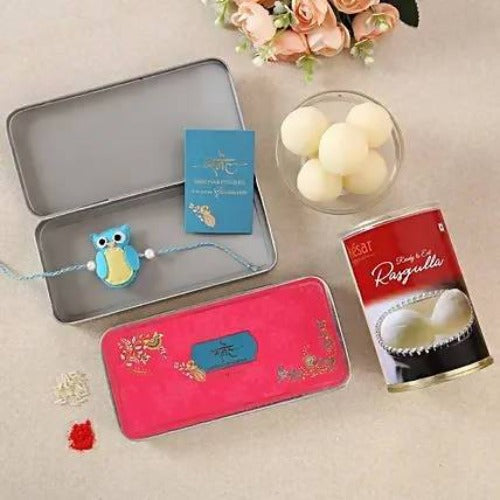 Kids Owl Rakhi & Rasgulla Tin