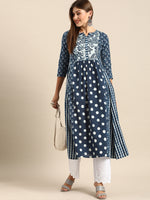Thumbnail for Varanga Mix And Match Navy Blue And White Printed Paneled Kurta With Round Neckline And 3/4Th Sleeves - Distacart