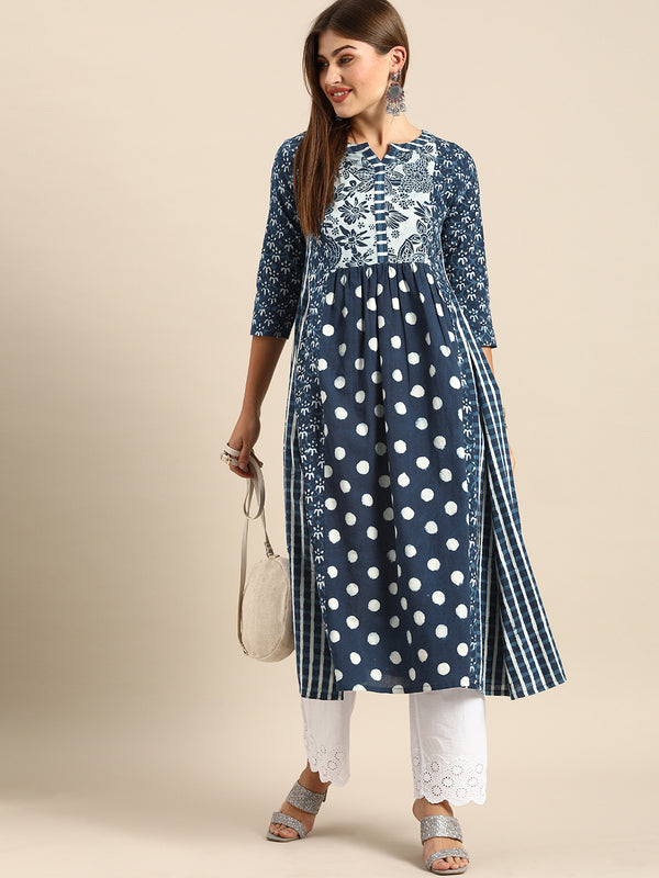 Varanga Mix And Match Navy Blue And White Printed Paneled Kurta With Round Neckline And 3/4Th Sleeves - Distacart