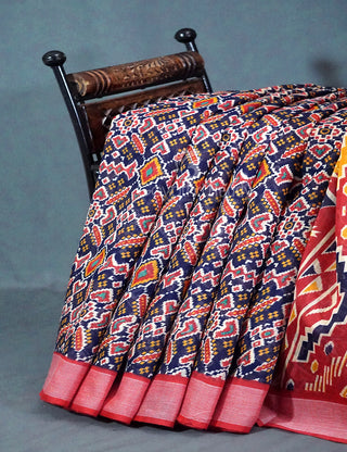 Shades of Navy Blue Colour Patola Print Semi Chanderi Saree By Gayathri Reddy Designer Studio - Distacart