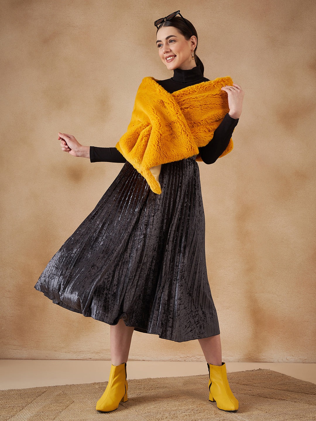 InWeave Women's Yellow Long Faux Fur Cape - Distacart